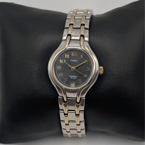 Timex Indiglo Watch Women 6.5" Silver Gold Two Tone CR1216 Cell WR 50M Date